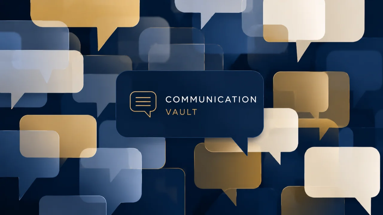 Communication Vault surrounded by layered conversation symbols
