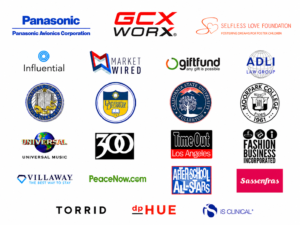 Client logos for Expert Media Training including Panasonic Avionics, GCX Mounting Solutions, Selfless Love Foundation, UCLA, Universal Music, and other organizations.